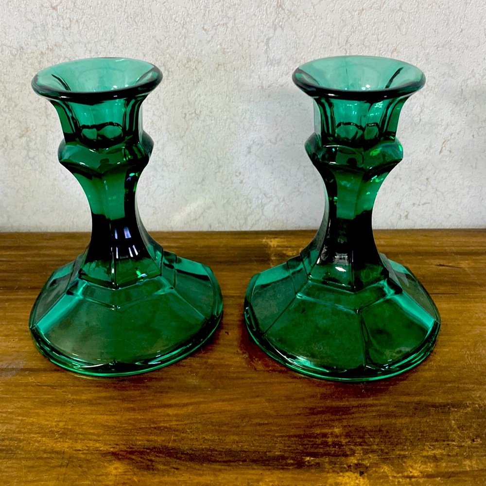 Green glass candle holders